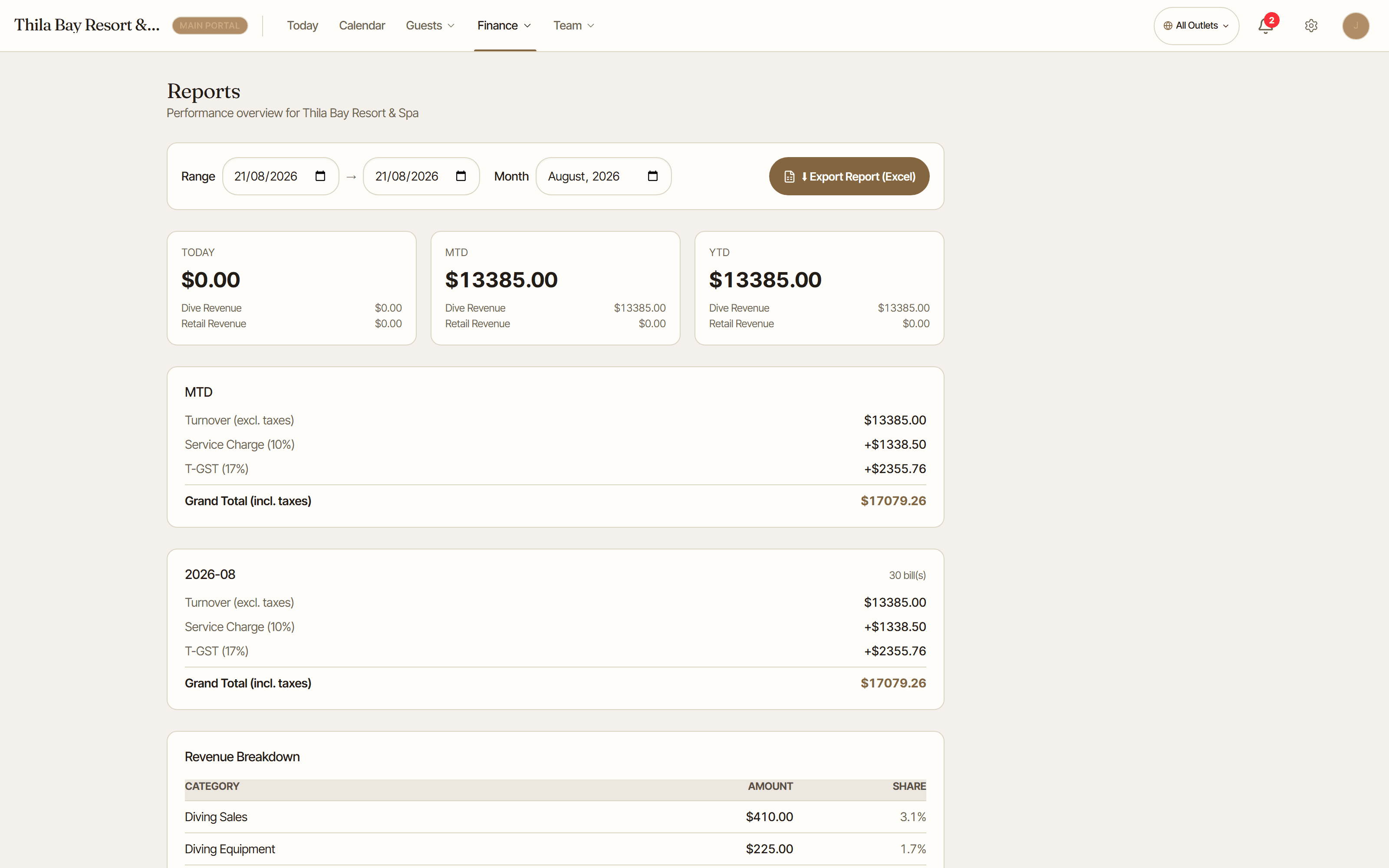Reports — today, month-to-date and year-to-date with tax breakdown and one-tap Excel export
