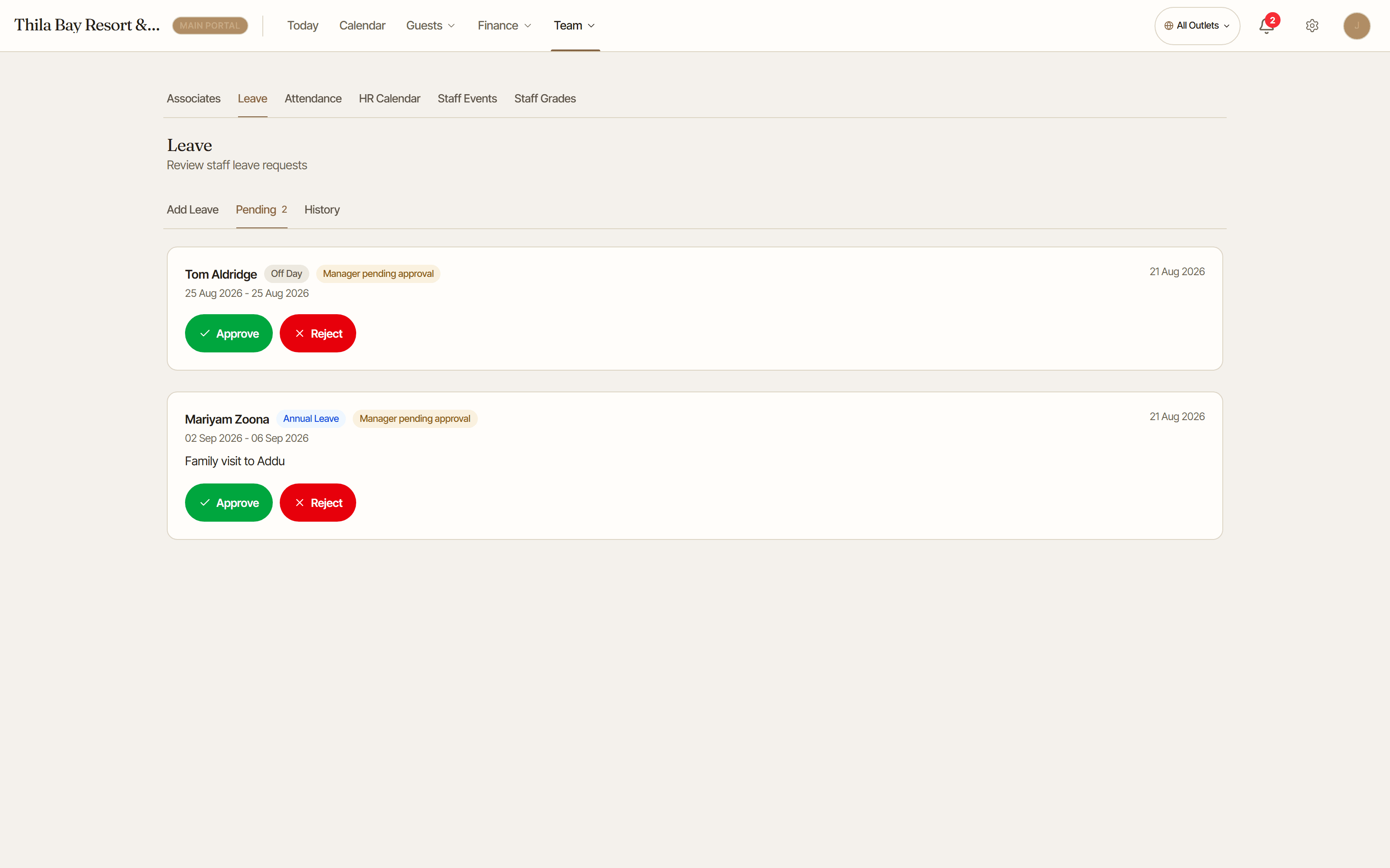 Pending leave requests with dates and reasons, and one-tap approve or reject