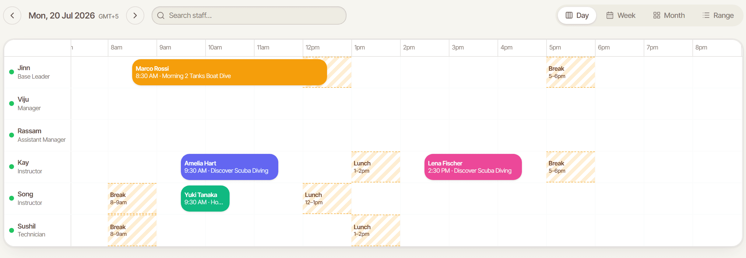 The live day calendar — every instructor's lane, bookings, breaks and training assembled automatically