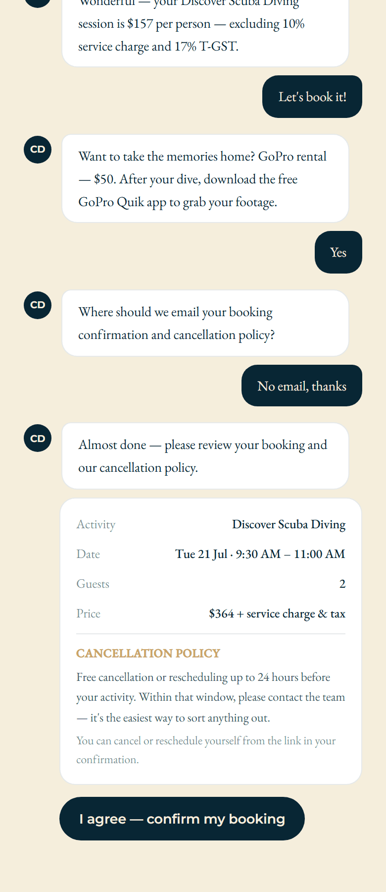 The AI concierge guiding a booking — live availability, clear pricing, cancellation policy agreed in-chat