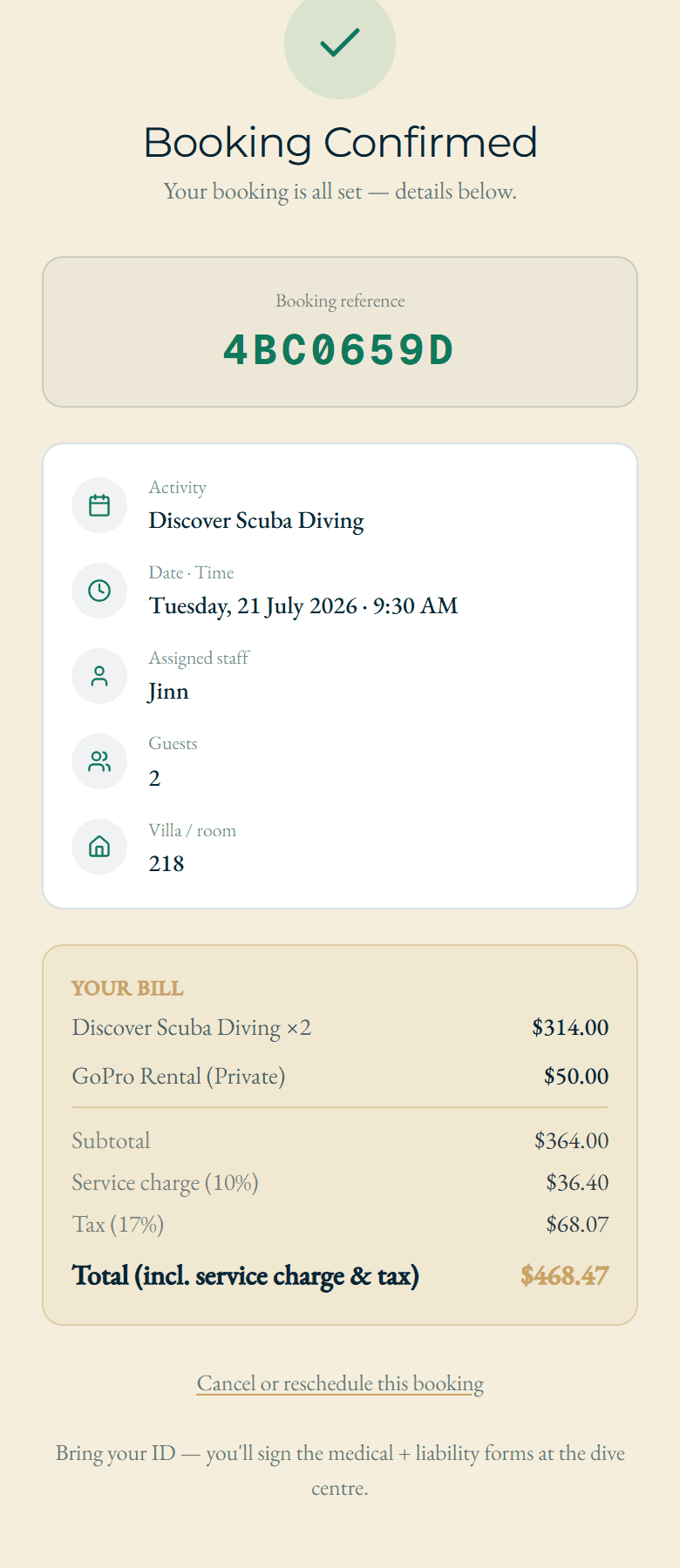 The booking confirmation — itemised bill with service charge and tax, self-serve cancel link