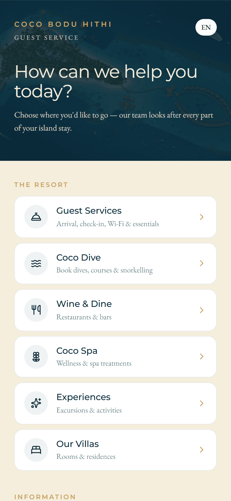 The guest hub under the resort's own brand — every outlet one tap away