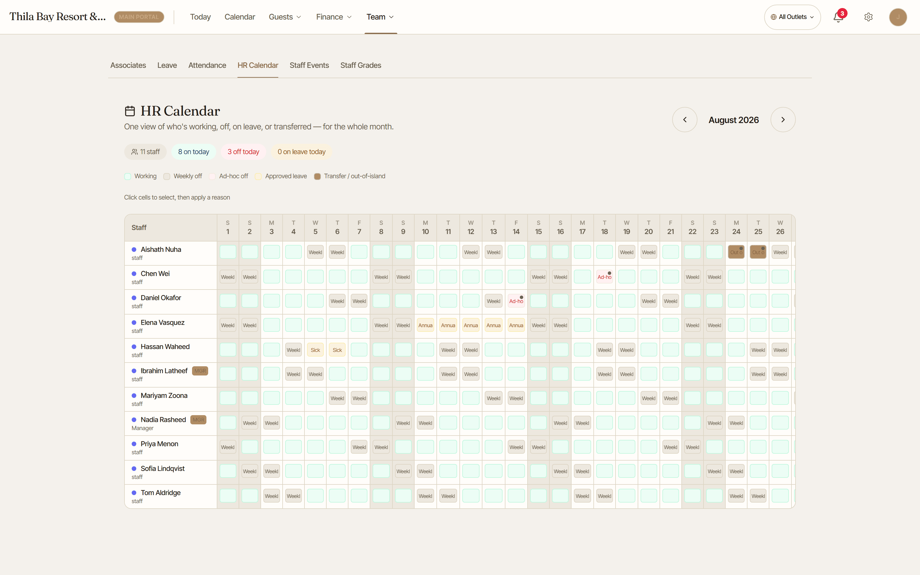 The HR calendar — eleven staff across the whole month, with annual leave and sick days marked