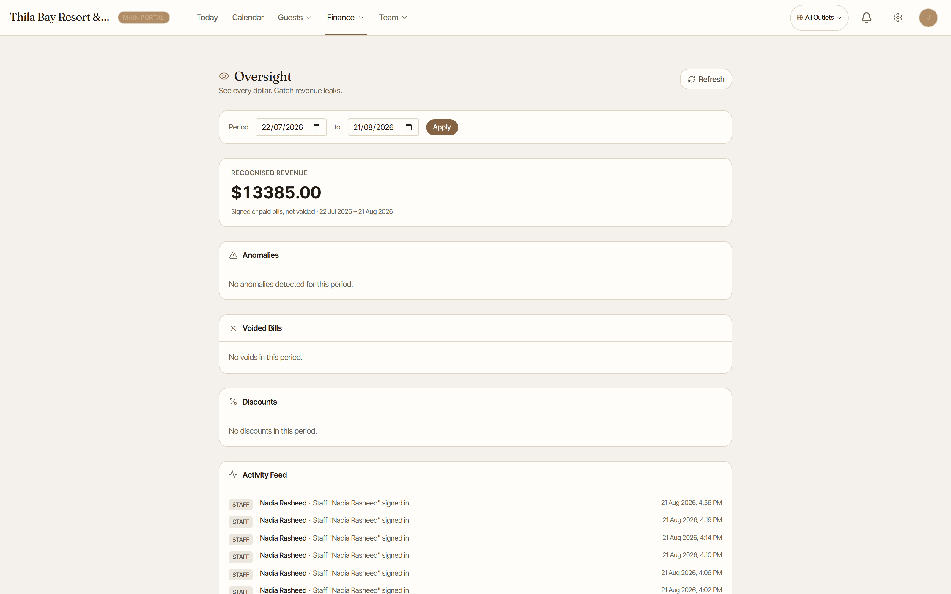 Owner oversight — recognised revenue for the period, anomalies, voided bills, discounts, activity feed